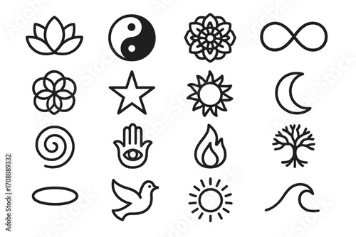 Spirituality and nature linear icon set. featuring lotus, yin yang, mandala, infinity, moon, tree, dove, wave symbols