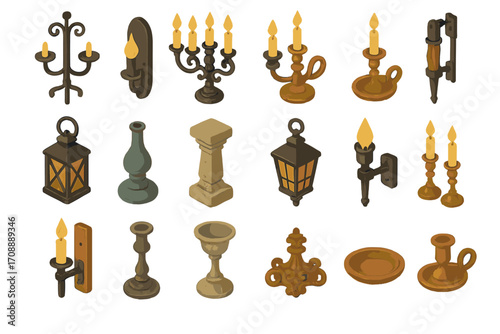 Antique lighting silhouette icon set. featuring candelabra, lantern, candlestick, sconce, torch, and lamp symbols