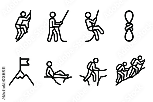 Outdoor adventure silhouette icons set. featuring climbing, hiking, knot, mountain, and teamwork symbols