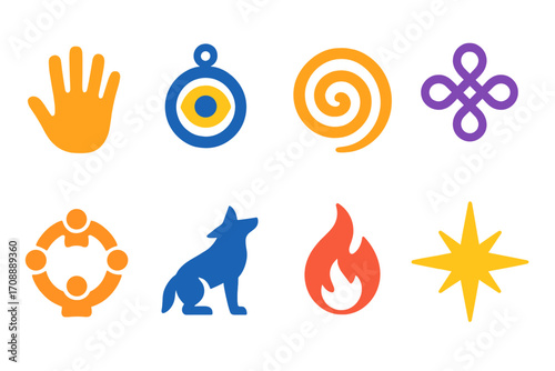 Mystical elements flat icon set. featuring hand, amulet, spiral, knot, globe, wolf, flame, and starburst icons