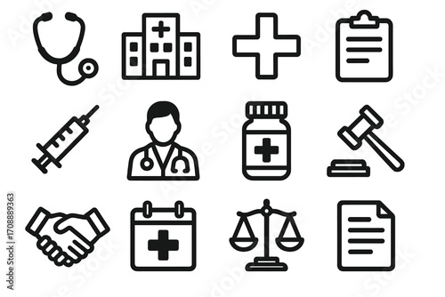 Medical and legal silhouette icon set. featuring stethoscope, hospital, cross, clipboard, syringe, doctor, medicine, gavel, handshake, calendar, scales, document