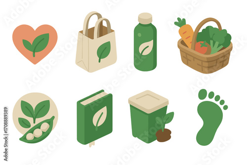 Eco lifestyle flat icon set. featuring heart, bag, bottle, basket, peas, book, container, footprint