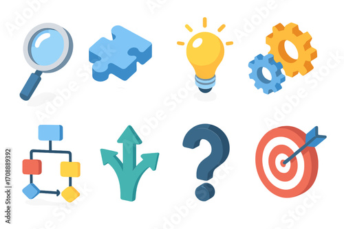 Business strategy 3d icon set. featuring puzzle, magnifying glass, lightbulb, gears, flowchart, arrows, question mark, target