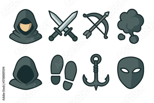 Medieval adventure flat icon set. featuring assassin, sword, shield, bow, cloak, footprints, grappling hook, mask
