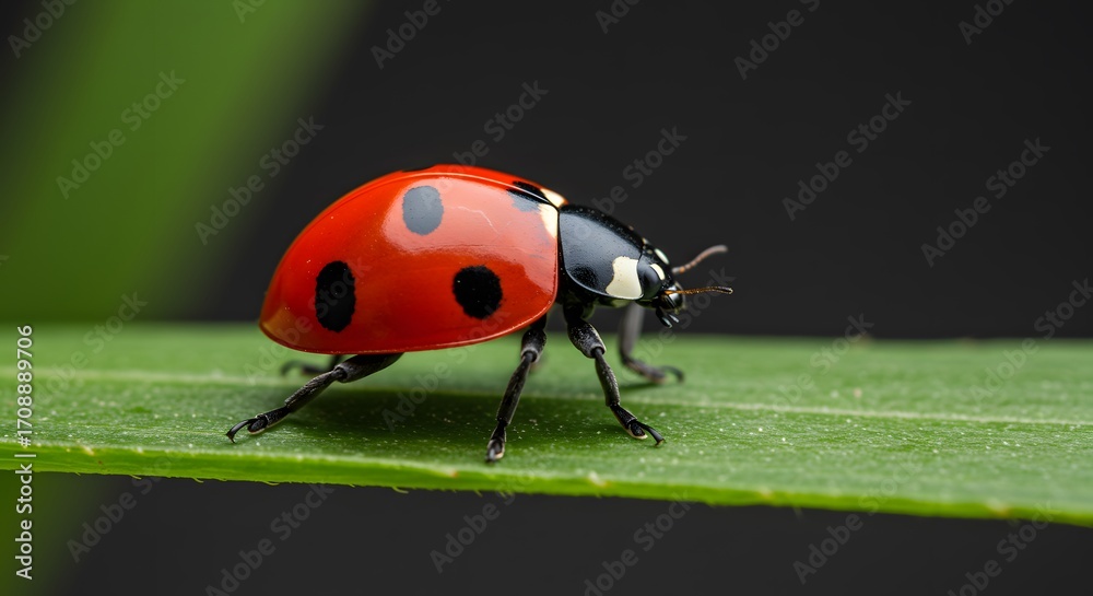 Fototapeta premium A ladybug with a bright red shell and black spots stands on a green leaf against a dark gray background