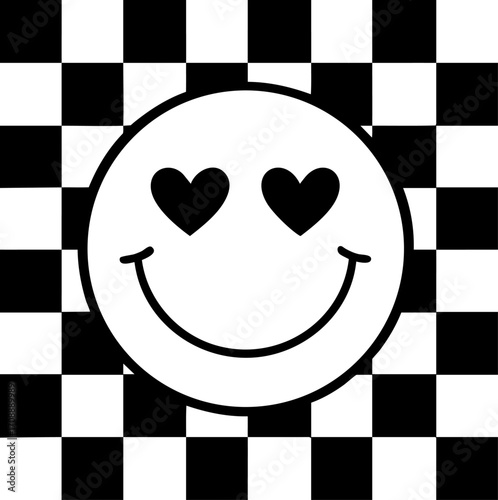 Smiley face with heart eyes on checkerboard background, romantic emoji symbol of love