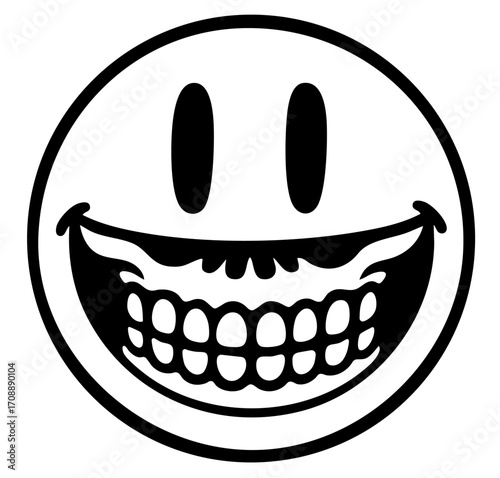 Creepy smiley face with big teeth, scary emoji horror, spooky Halloween vibe illustration