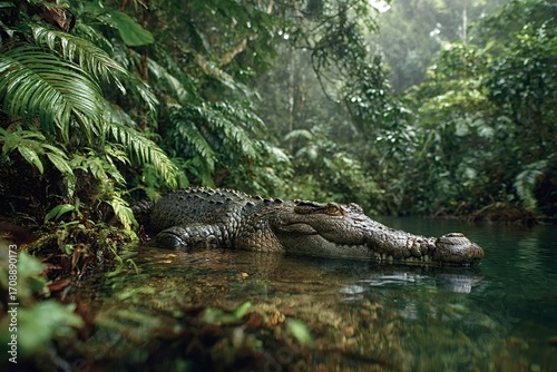 Large crocodile resting partially submerged in a tropical rainforest river, surrounded by lush green vegetation, creating a captivating scene of wildlife in its natural habitat
