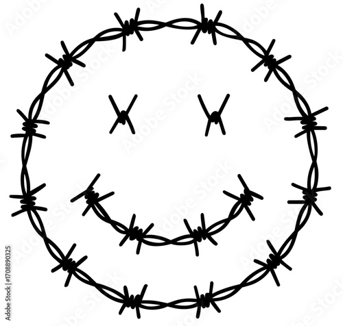 Barbed wire smiley face with crossed eyes, punk grunge rebellious emoji design