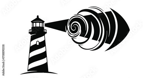 Lighthouse beam creating swirling waves of energy, symbolizing guidance and information.