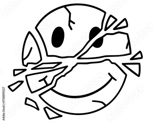 Cracked smiley face with broken pieces and forced grin, symbol of fragile emotions and distorted mood in sticker emoji style