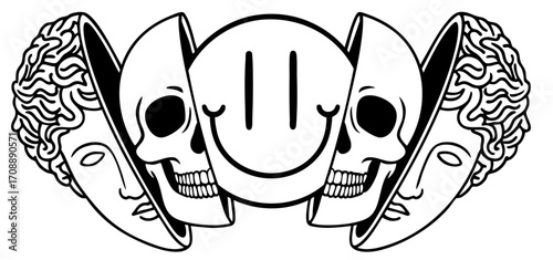 Acid smiley with skulls and antique masks psychedelic trippy rave streetwear sticker design
