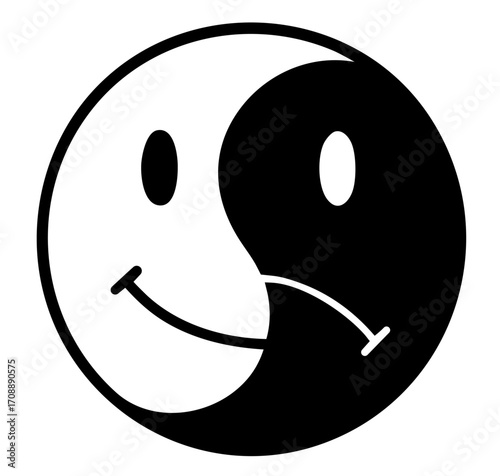 Yin yang smiley face with double expression of balance, happiness and sadness