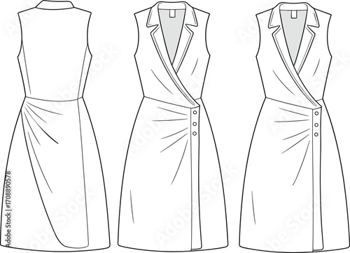 Wrap style sleeveless dress with button closure and side gathers, fashion technical sketch for clothing design, vector flat illustration