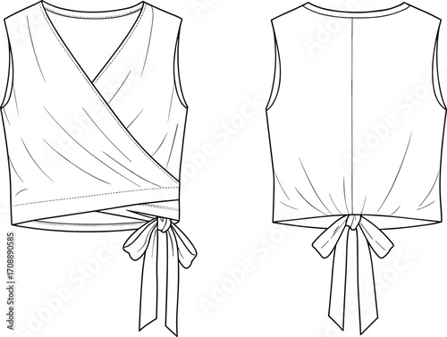 Wrap top front back, sleeveless blouse flat sketch, vector CAD drawing, fashion technical design, tied waist crop shirt illustration