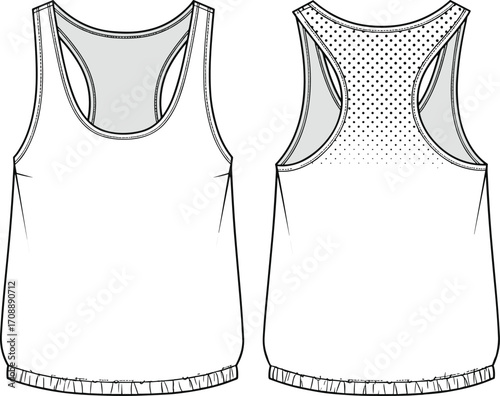 Men's athletic tank top flat sketch, front and back view, racerback design, mesh panel, gym fitness sportswear illustration