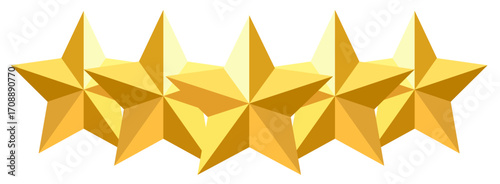 Five golden stars rating, symbol of quality, customer review, excellence, premium service and positive feedback 