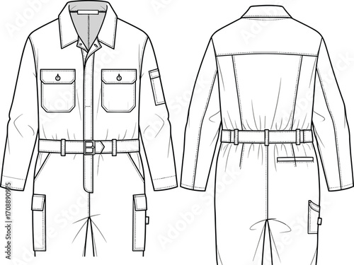 Utility jumpsuit fashion cad sketch front and back view with belt and cargo pockets, flat vector technical drawing template