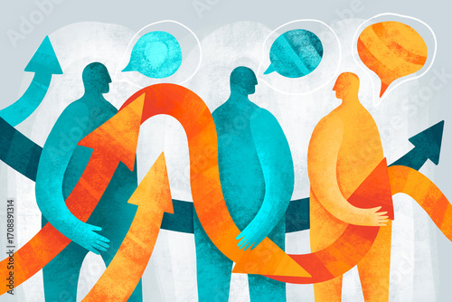 People engage in conversation with arrows symbolizing exchange