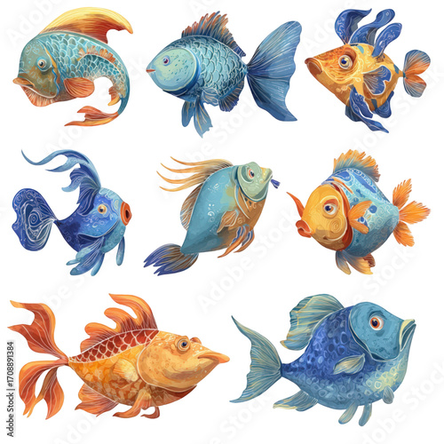 Collection of colorful whimsical watercolor fantasy fish characters.