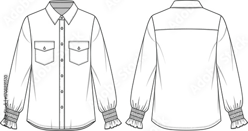 Women's long sleeve blouse fashion sketch, front and back view, shirt collar, chest pockets, shirred cuffs, modern apparel design
