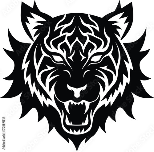 Wild tiger and lion head tattoo vector illustration with tribal animal silhouette art