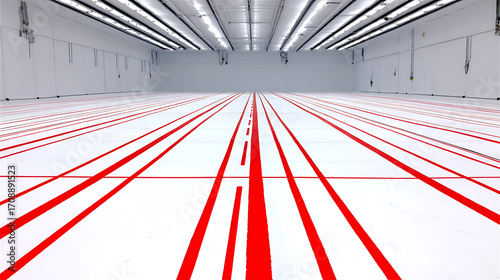 Fototapeta Naklejka Na Ścianę i Meble -  Empty industrial space with red striped flooring and overhead lighting