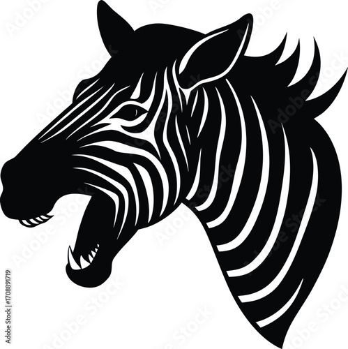 Vector silhouette of a wild striped zebra head, a black and white animal illustration