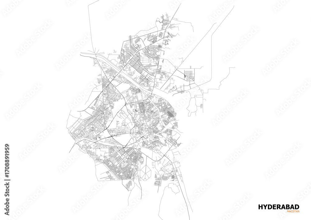 Fototapeta premium A clean black and white vector map of Hyderabad’s highway system and major road networks for navigation and design.