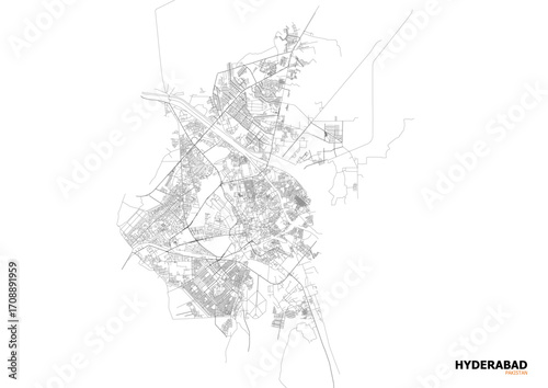 A clean black and white vector map of Hyderabad’s highway system and major road networks for navigation and design.