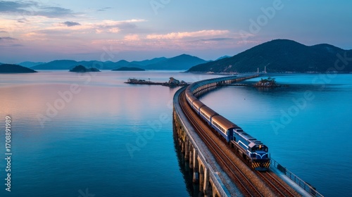 Train on winding bridge over water