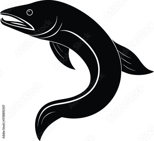 A black vector silhouette of a fish jumping from the ocean, a perfect symbol for a marine logo or tattoo design