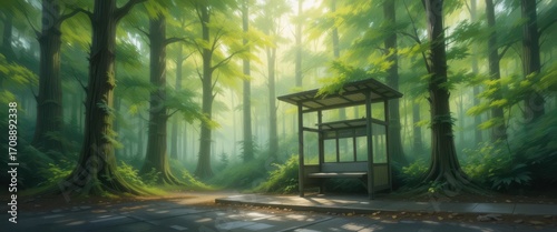 Brushstrokes of color blend seamlessly, capturing the essence of a misty forest in an impressionistic style.
