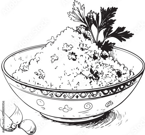 Couscous Dish Vector Illustration, Sketch Drawing Line Linear Symbol Icon Engraving Coloring Book, Hand-drawn Doodle Black and White Isolated