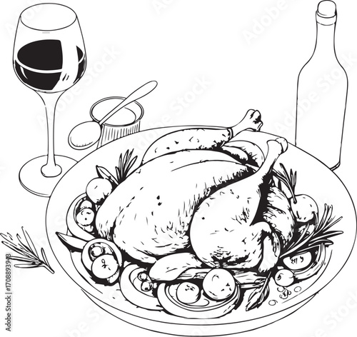 Coq au vin French Dish Cuisine Vector Illustration, Sketch Drawing Line Linear Symbol Icon Engraving Coloring Book, Hand-drawn Doodle Black and White Isolated
