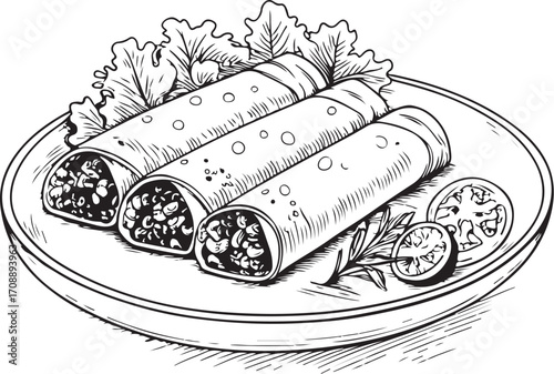 Enchiladas Mexican Dish Cuisine Vector Illustration, Sketch Drawing Line Linear Symbol Icon Engraving Coloring Book, Hand-drawn Doodle Black and White Isolated