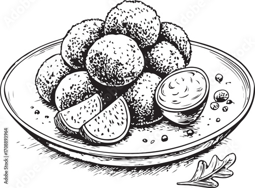 Falafel Middle East Dish Cuisine Vector Illustration, Sketch Drawing Line Linear Symbol Icon Engraving Coloring Book, Hand-drawn Doodle Black and White Isolated