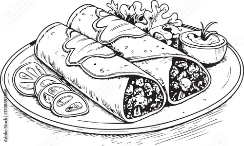 Enchiladas Mexican Dish Cuisine Vector Illustration, Sketch Drawing Line Linear Symbol Icon Engraving Coloring Book, Hand-drawn Doodle Black and White Isolated