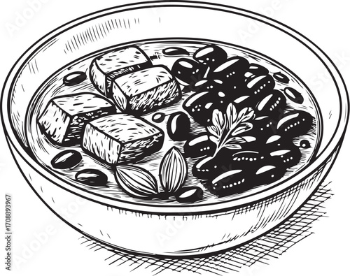 Feijoada Brazilian Dish Cuisine Vector Illustration, Sketch Drawing Line Linear Symbol Icon Engraving Coloring Book, Hand-drawn Doodle Black and White Isolated