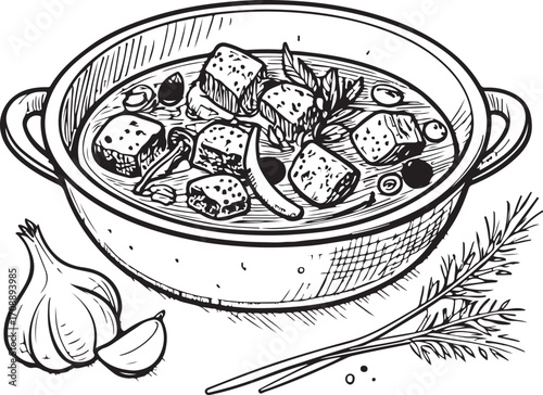 Goulash Hungarian Dish Cuisine Vector Illustration, Sketch Drawing Line Linear Symbol Icon Engraving Coloring Book, Hand-drawn Doodle Black and White Isolated