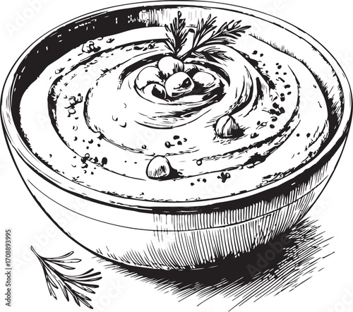 Hummus Middle East Dish Cuisine Vector Illustration, Sketch Drawing Line Linear Symbol Icon Engraving Coloring Book, Hand-drawn Doodle Black and White Isolated