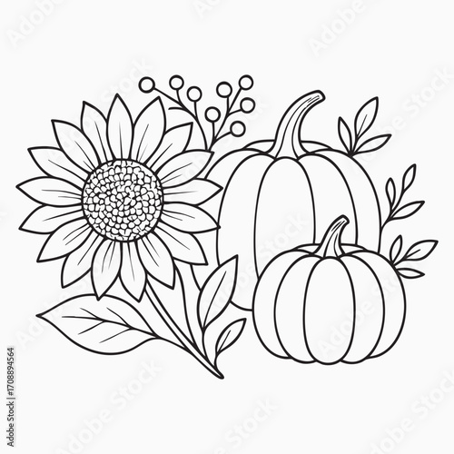 Autumn harvest clipart black and white sunflower pumpkins berries leaves outline