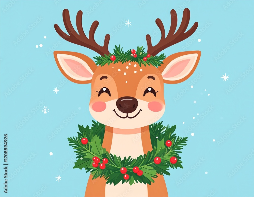 Fototapeta premium Cute Deer with Christmas Wreath Illustration. Flat vector illustration of a cute deer with a Christmas wreath around its neck, festive seasonal design blue background.