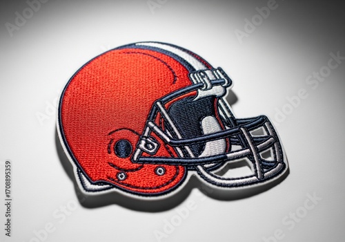 Embroidered red football helmet patch with navy facemask and white stripe on white background showing textured stitching detail