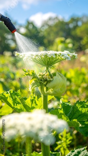 Spraying herbicide on plant