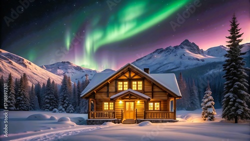 Cozy log cabin glows under vibrant aurora borealis in snowy mountains