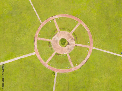 Aerial view of a circular park with radiating paths