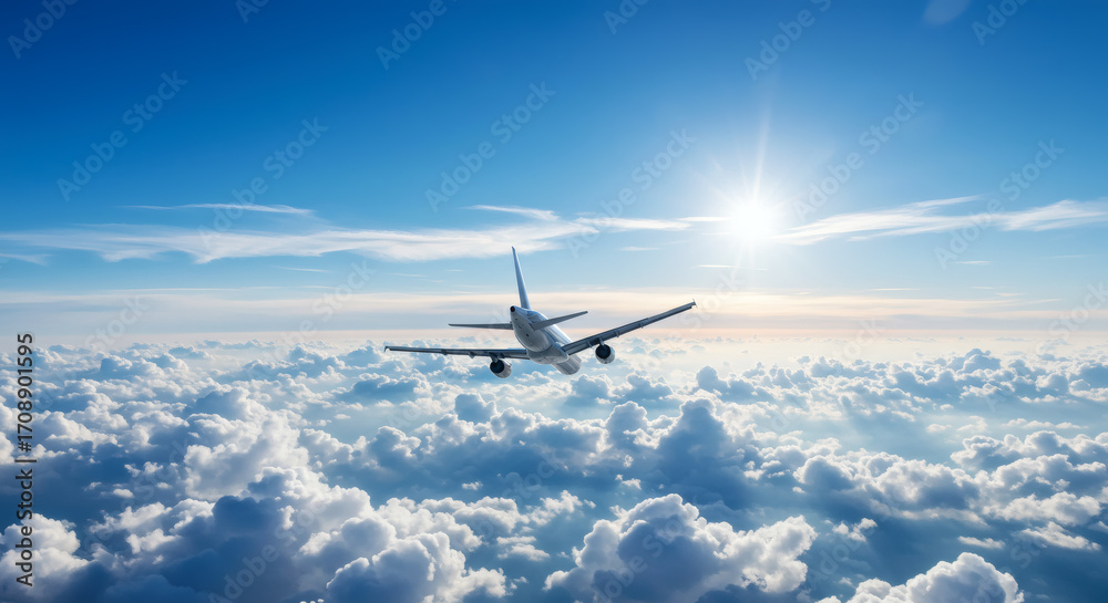 Obraz premium Silhouette of the plane flying in the sky, in beams of the sun, a cloud 03
