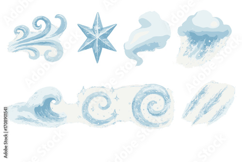Weather elements flat icon set. featuring wind, star, cloud, rain, wave, swirl, storm, and scratch symbols