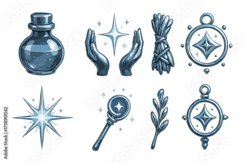 Mystical elements silhouette icon set. featuring potion, hands, star, herbs, compass, wand, leaf symbols